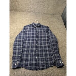 Charles Tyrwhitt Mens Slim Fit 100% Linen Plaid Shirt Navy Blue Large L